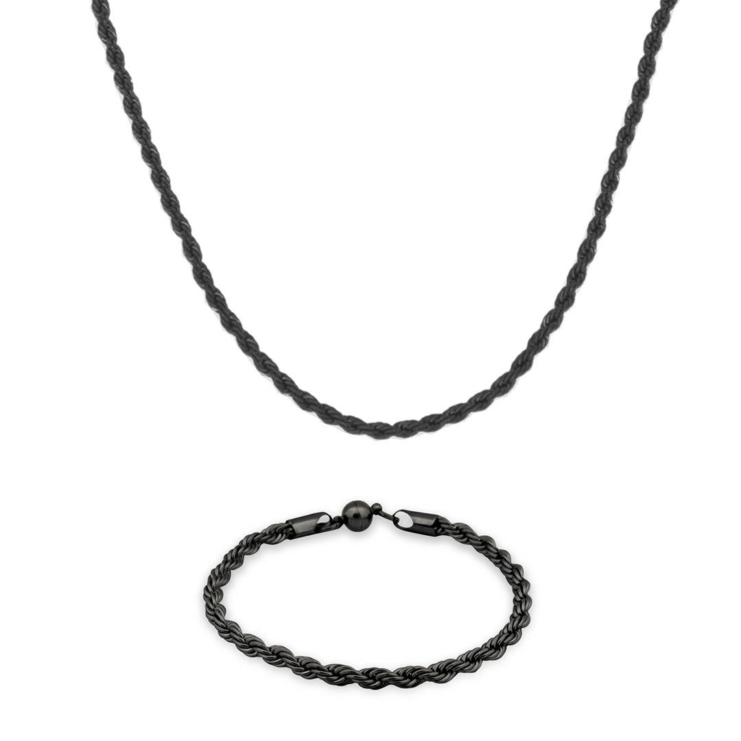 Set Rope Negro: Collar y Pulsera de Acero
