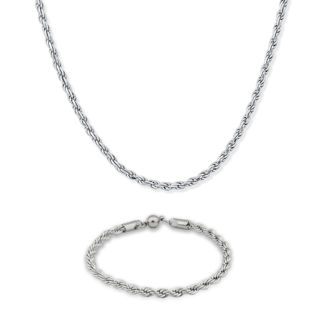 Set Rope Plateado Collar y Pulsera de Acero