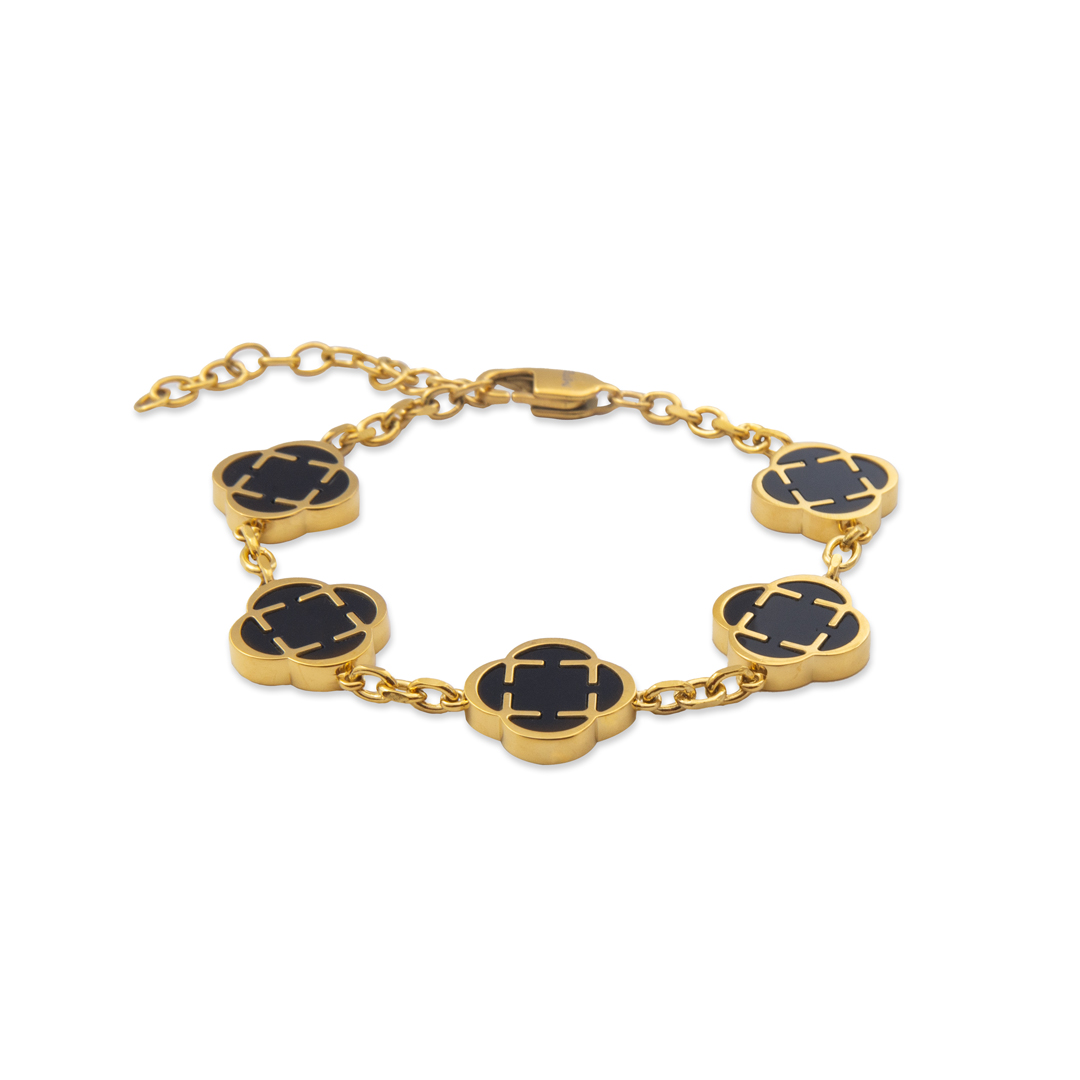 Pulsera de trebol para hombres acero inoxidable 316L Onix con enchape dorado PVD alta calidad.