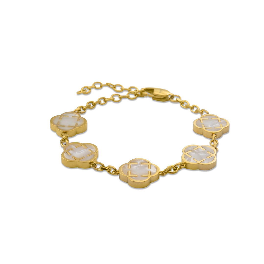 Pulsera de trebol para hombres acero inoxidable 316L Nacar con enchape dorado PVD alta calidad.